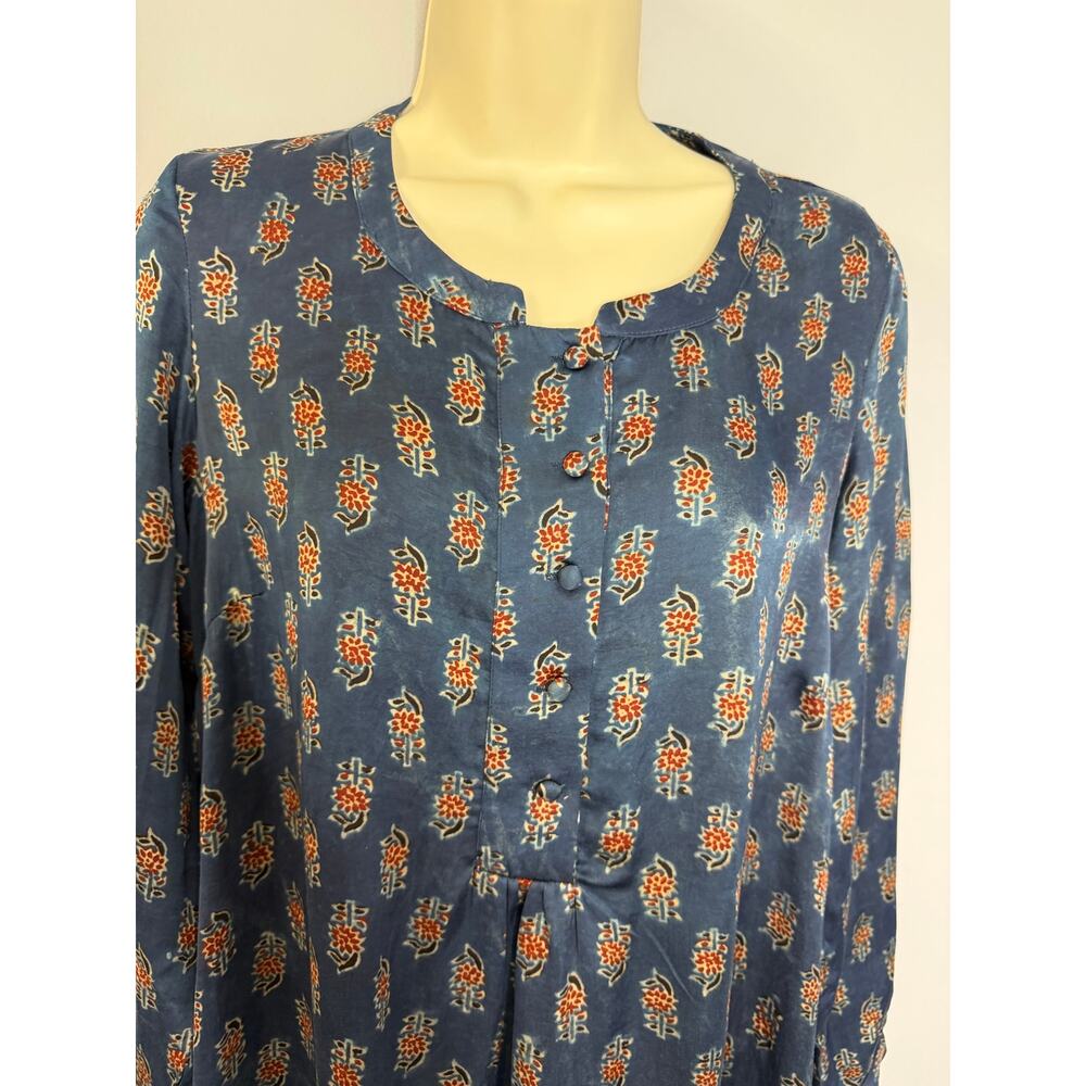 FOLKSONG Tunic Top Blue Floral Block Print Long Sleeve Boho Blouse Sz M - Picture 16 of 16